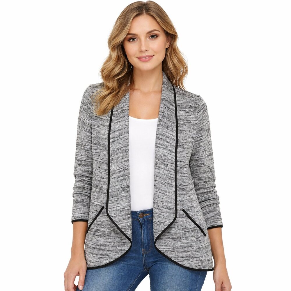 Chico's Open Front Jacket Black & White Print w/ Faux Leather Look Trim Size 1 - Picture 1 of 8